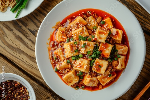Spicy Chinese dish Mapo Tofu served on wooden table