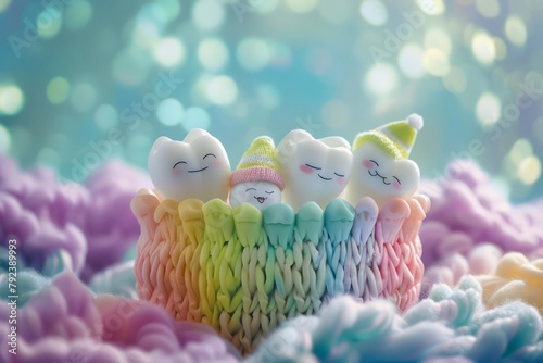 In a colorful toothbrush holder, a family of baby teeth snuggle up, each with a tiny nightcap, ready for their bedtime story photo