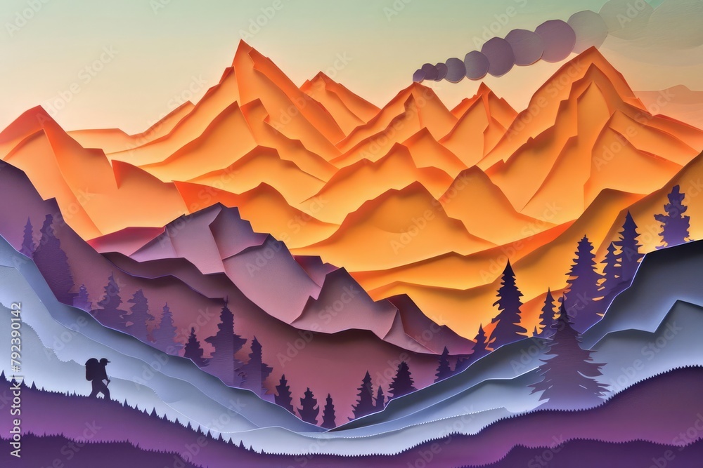 Cast Papercut Layered papercut mountains, their peaks ablaze with fiery orange and ...