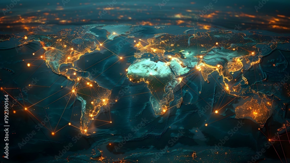 World map with glowing lines showing global telecommunications network connections. Concept World Map, Telecommunications, Global Network, Glowing Lines, Connections