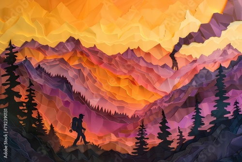 Layered papercut mountains, their peaks ablaze with fiery orange and purple hues, cast long shadows across a papercut meadow A lone hiker, crafted from forest green paper, treks towards a papercut cam