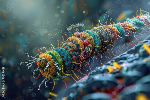 Like a tank bristling with cilia, a friendly bacterium rumbles across the battlefield of the human microbiome Its armor, adorned with colorful stripes, reflects the diverse community it protects