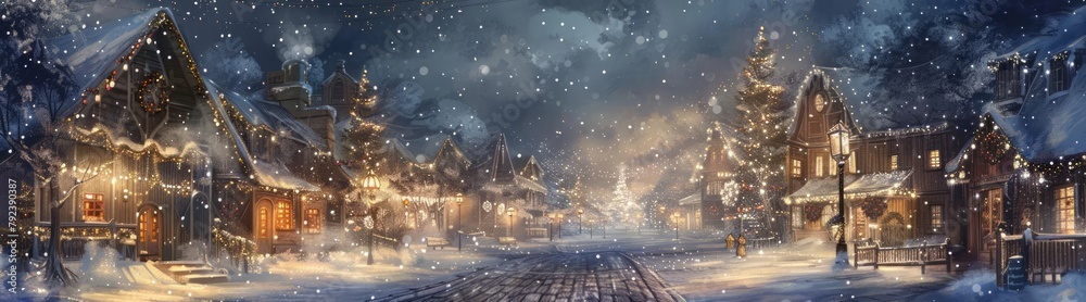 Snowflakes gently kiss the cobblestone streets of a quaint village, their delicate touch a whisper of white, kawaii, bright water color - obrazy, fototapety, plakaty 