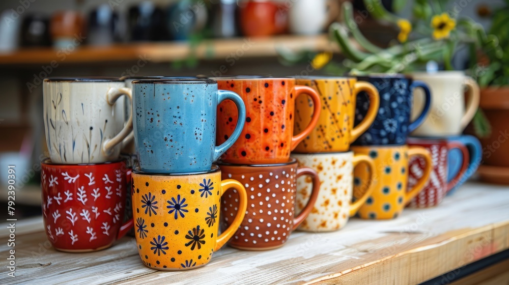 Top view of a stack of coffee mugs with different designs on a white shelf. illustration