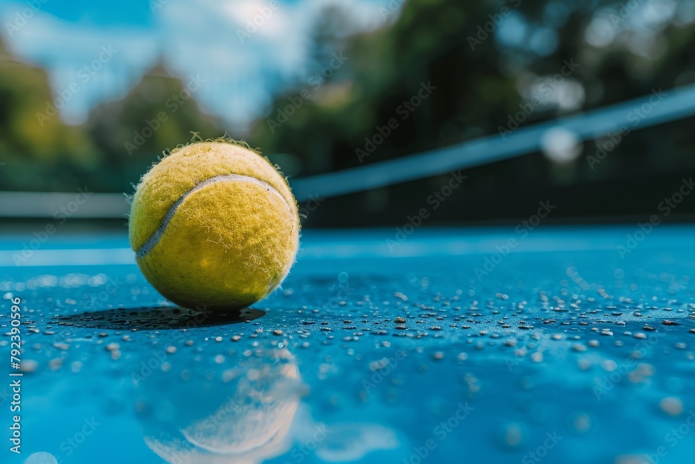 Sporty lifestyle revolves around tennis ball on blue tennis court