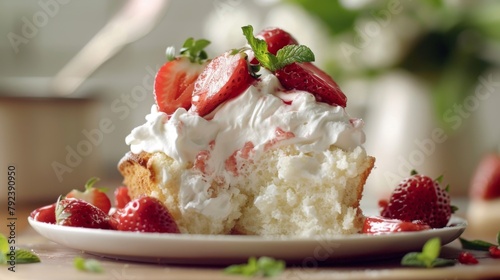 A slice of light and fluffy angel food cake topped with whipped cream and fresh strawberries, evoking a sense of summer sweetness.