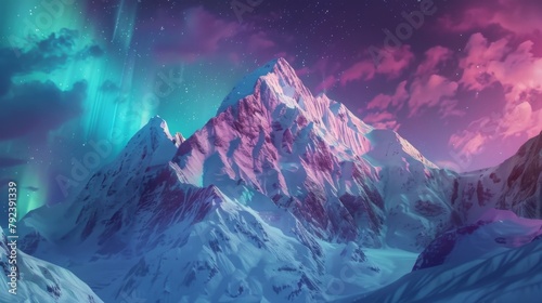 A snow-covered mountain peak illuminated by the vibrant hues of the aurora borealis, creating a surreal and enchanting scene.