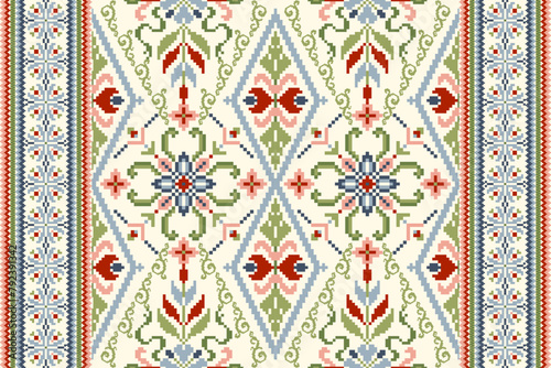 Floral pixel art pattern on white background vector illustration.geometric ethnic oriental concept.