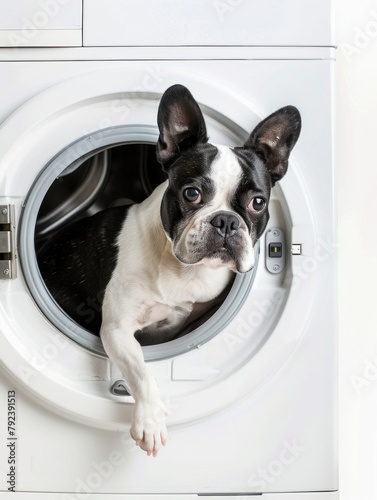 Boston Terrier dog puppy inside the washing
