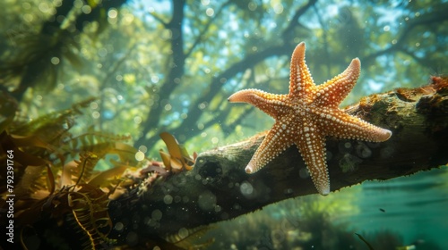 A starfish clinging to a submerged tree branch, adding a touch of whimsy to the underwater landscape © Plaifah