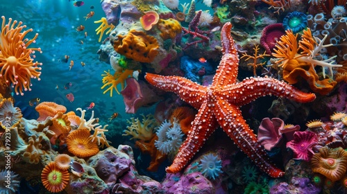 A starfish clinging to a vibrant coral formation, adding pops of color to the reef