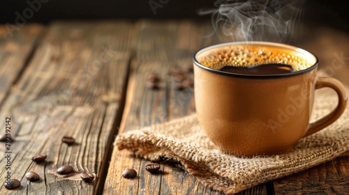 A steaming cup of freshly brewed coffee on a rustic wooden table, with aromatic steam rising invitingly from the dark brew.