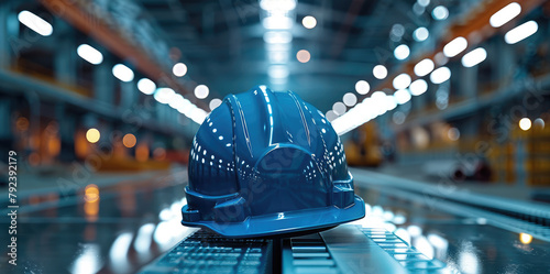 Security black blue helmet in production hall at construction site, workplace background. Generative AI. photo