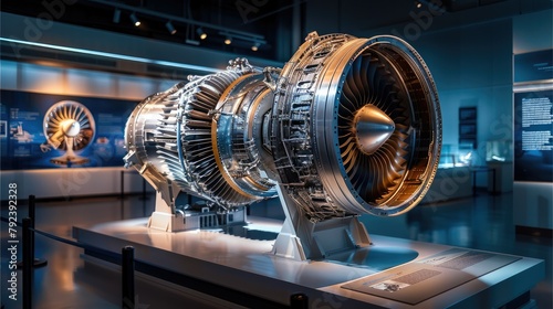 Cross-section of a jet engine profile, educative exhibition. Generative AI. photo