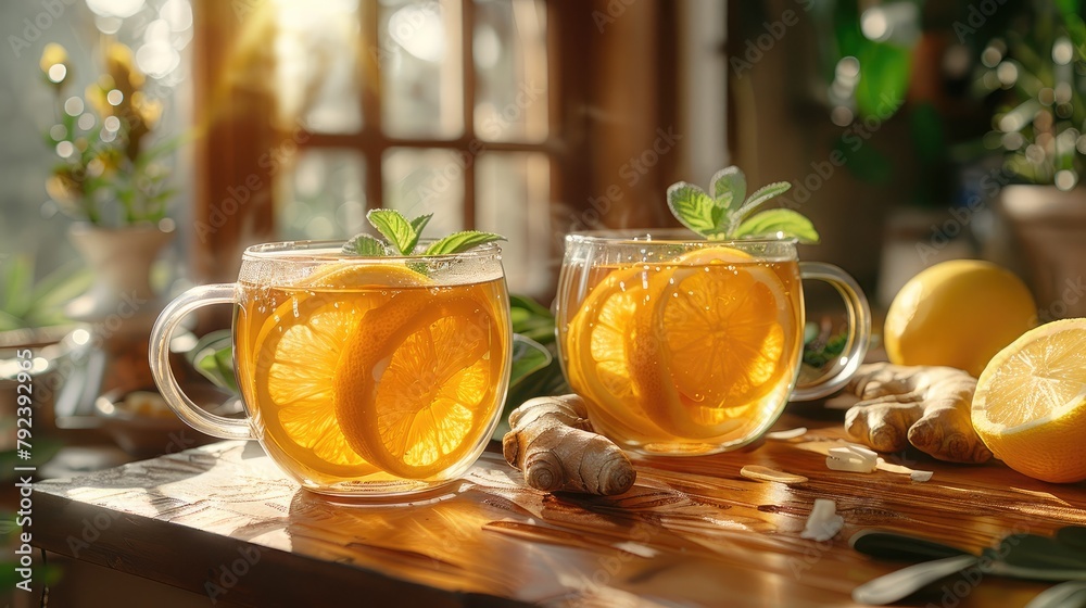 two glass cups with fresh lemon and ginger tea on kitchen table with ginger root herbs and kitchen utensils at window background healthy homemade tea with vitamin ,art photo two glass cups with fresh lemon and ginger tea on kitchen table with ginger root herbs and kitchen utensils at window background healthy homemade tea with vitamin ,art photo