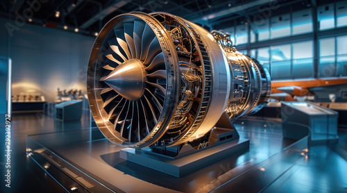 Cross-section of a jet engine profile, educative exhibition. Generative AI. photo