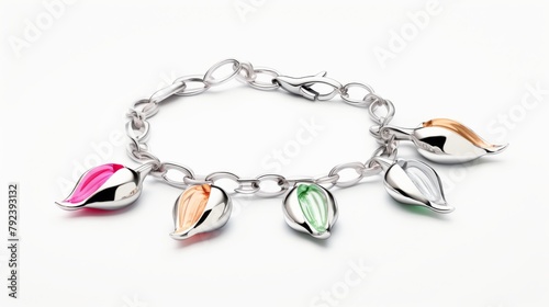 Stylish and playful charm bracelet in bright silver with tulip charms, arranged on a glossy white surface for a clean, modern advertisement