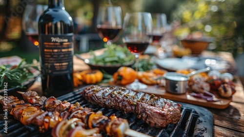 backyard dinner table have a tasty grilled bbq meat salads and wine with happy joyful people on backgroundillustration image photo