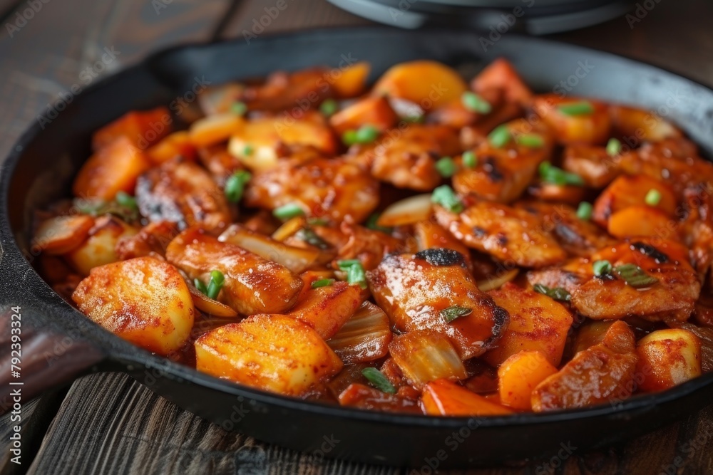 Korean Spicy Stir fried Chicken with rice cakes marinated in gochujang and cooked with vegetables on a grill pan