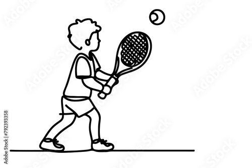 One continuous black line hand drawing of child playing tennis Doodle linear drawing man cartoon player on white. vector