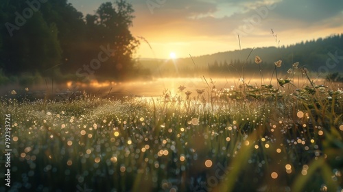 A tranquil landscape bathed in dawn's light, adorned with sparkling morning dew photo