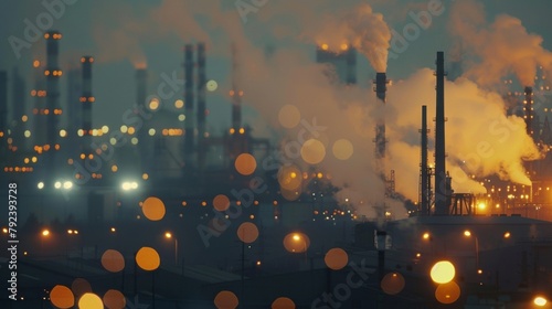 A dusky sky serves as the backdrop for a defocused image of a textile factory its chimneys billowing thick plumes of smoke amidst a maze of glowing industrial lights. .