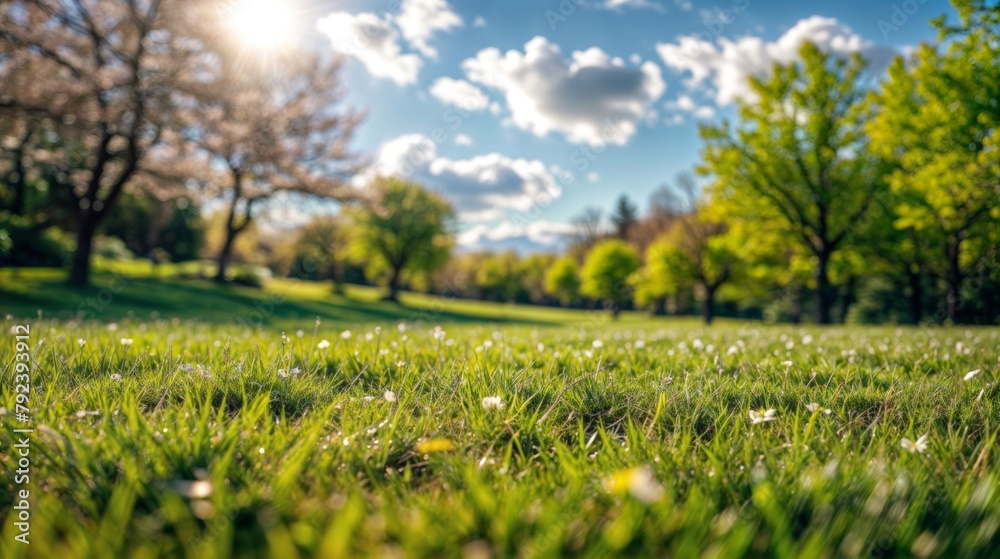 Spring meadow on a sunny day with green grass and flowers.