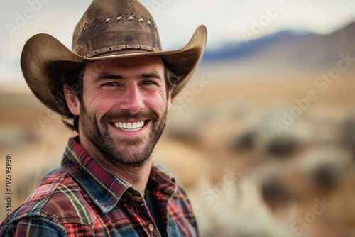Male model wearing a hat in rural Utah is smiling in American western countryside landscape on a ranch
