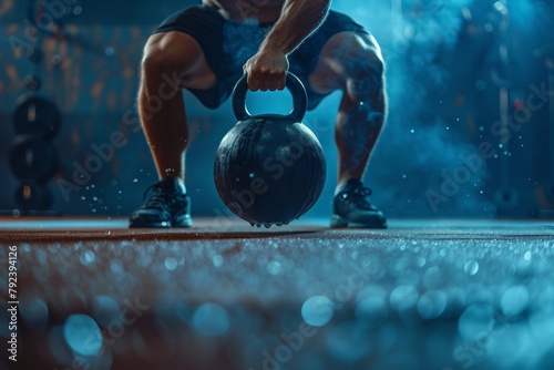 Man exercising with kettlebell in fitness gym performing deadlifts