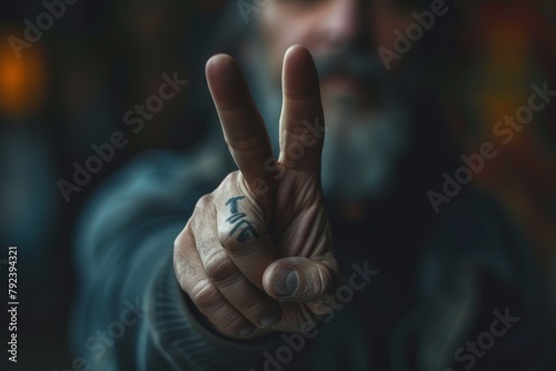 man s hand with two fingers showing