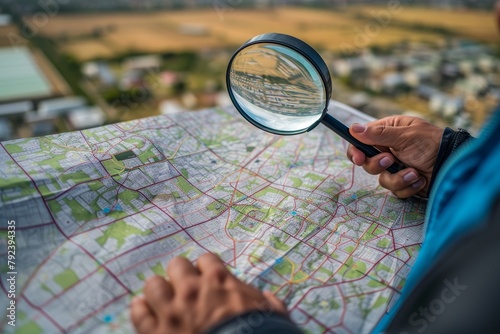 Man searches with magnifier on cadastre map for buying land real estate concept with land for sale rent or investment