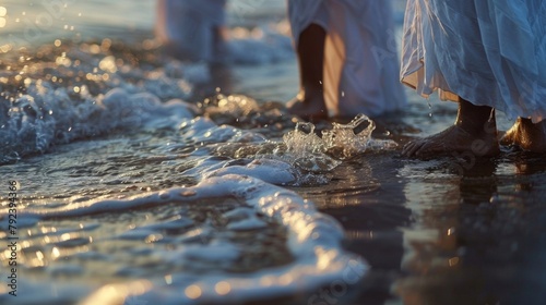 Closeup of gentle waves lapping against a shoreline where people of different faiths come together to perform a water ritual for peace. .