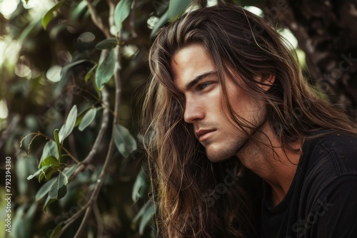 Man with long hair modeling outdoors for fashion