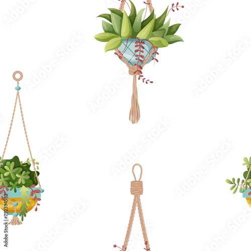 Seamless pattern. Houseplant and macrame plant growing in pots. Set of handmade home decorations macrame plants isolated on white background. Cartoon flat illustration.