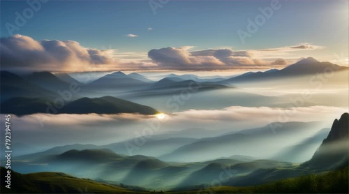 Mountain Sunrise Landscape with Clouds and Misty Morning Light photo