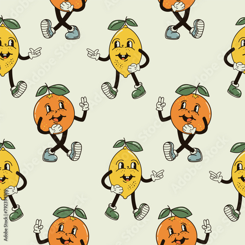 A seamless pattern with funny, cute and smiling lemon and orange character in a groovy style vector illustration