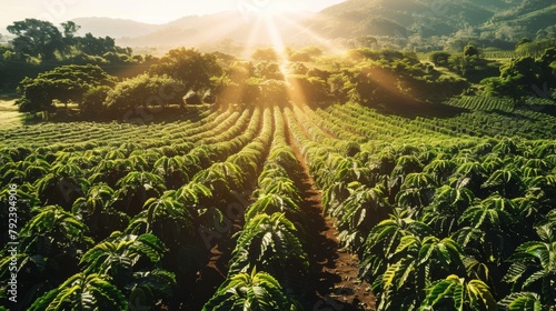 A vibrant coffee plantation with rows of coffee trees stretching to the horizon, basking in the sunlight and ready for harvest.