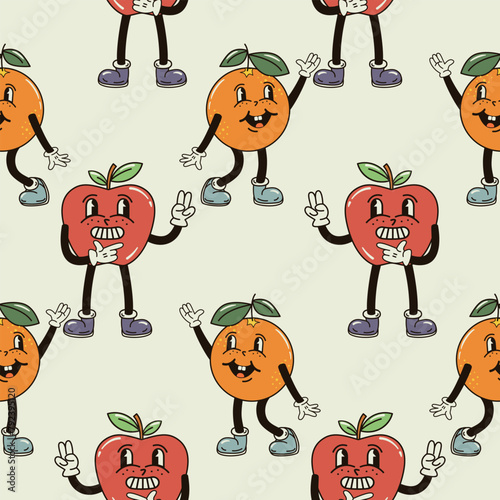 A seamless pattern with funny, cute and smiling apple and orange character in a groovy style vector illustration