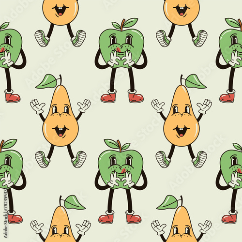 A seamless pattern with funny, cute and smiling apple and pear character in a groovy style vector illustration