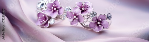 Luxurious silver earrings with delicate stones and soft purple orchids  displayed on a plush velvet surface for an elegant presentation