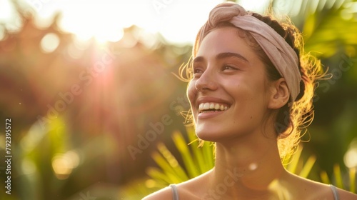 A woman enjoying a healthy lifestyle, with her radiant skin reflecting her overall well-being