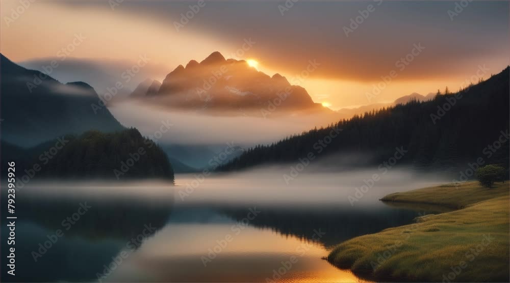 custom made wallpaper toronto digitalSunset over mountains and river, painting the sky with shades of orange and blue, in a breathtaking display of nature's beauty. Mountain Horizon Embracing Sun's Glow