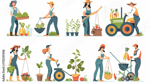 Set of different people enjoy gardening and plantin
