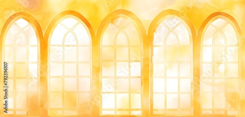 Gold cute windows background , in the style of vibrant stage backdrops, watercolor stain glass