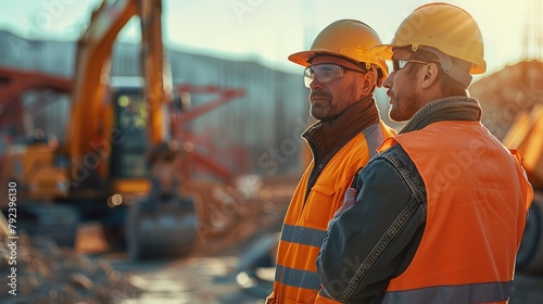 Two construction workers looking at machines at a construction site. Generative AI.