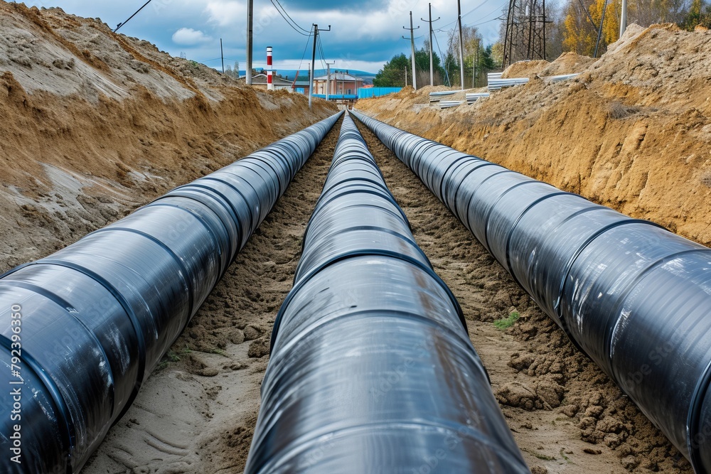 Modern insulated pipe for hot water and heating placed in a trench with a plastic sheath Modern insulated pipe for hot water and heating placed in a trench with a plastic sheath