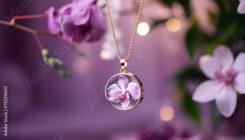 Luxurious display of a delicate locket pendant with a soft purple orchid, arranged on a plush velvet surface for a sophisticated presentation © kitidach