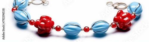 Lively and cheerful charm bracelet adorned with vibrant red tulips, showcased on a light blue backdrop for a fresh, appealing look