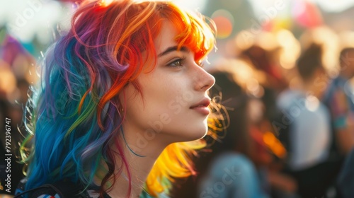 A young woman with vibrant, colorful hair standing out in a crowd, embracing individuality