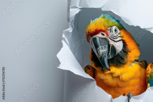 Cute Parrot sticking its head out of the Hole in white Paper. Isolated on White background photo